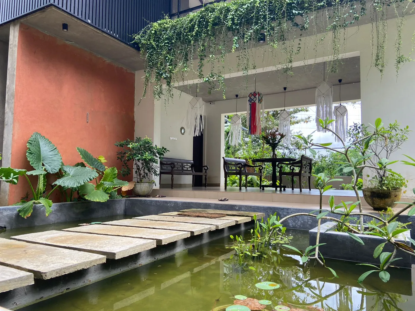 Garden walkway and pond area